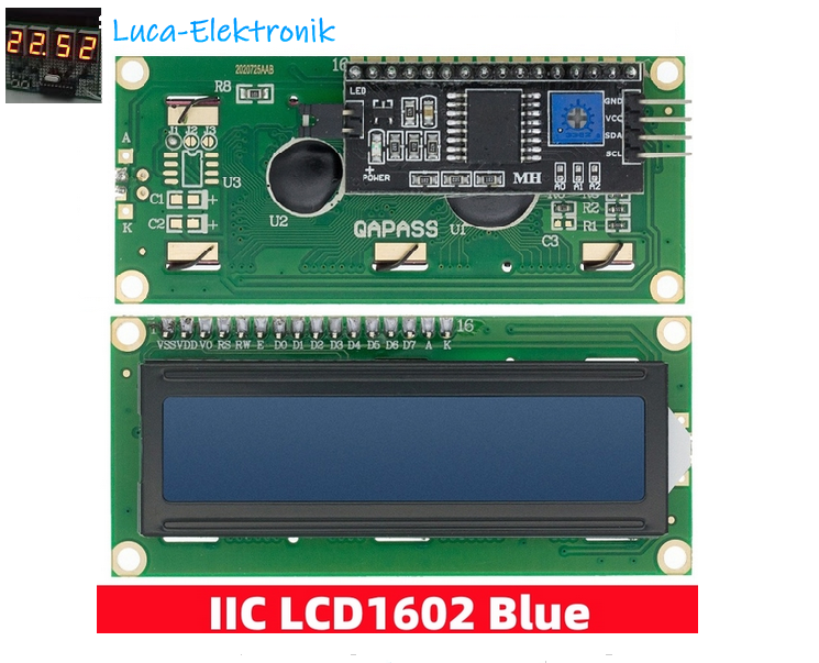 LCD 1602 Display I2C HD44780 LCD-I2C Modul Blau
